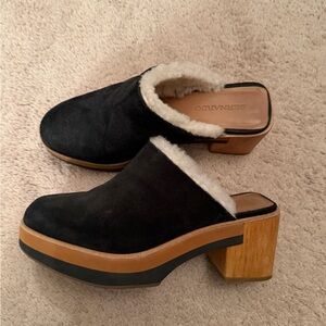 Bernardo Black and Tan Shearling Mules